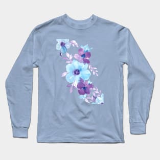 Watercolor Blue and Purple Flowers Blooming Long Sleeve T-Shirt